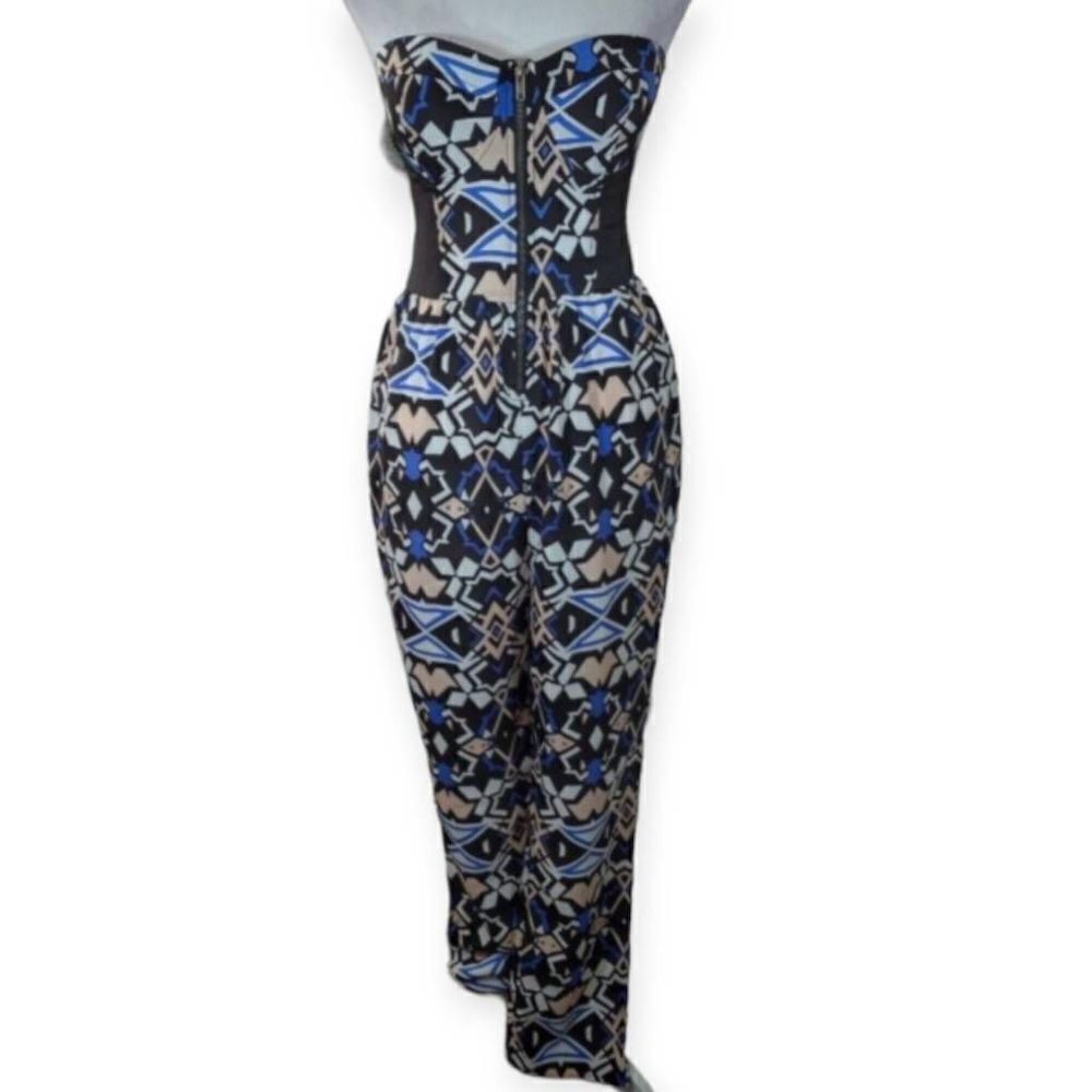 GEOMETRIC BLUE, BLACK, & WHITE STRAPLESS JUMPSUIT SZ.M EUC